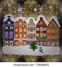 Vector illustration. Night vector Winter, Christmas urban landscape.