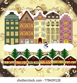 Vector illustration. Night vector Winter, Christmas urban landscape.