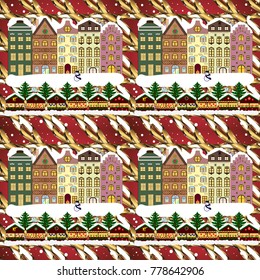 Vector illustration. Night vector Winter, Christmas urban landscape.
