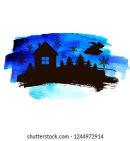 Vector illustration. Night winter landscape. Trees, snowdrifts and moon.