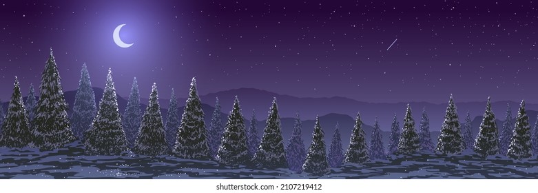 Ilustración vectorial. Paisaje nocturno de invierno. Árboles de aves forestales en colinas en noche estrellada con luna.