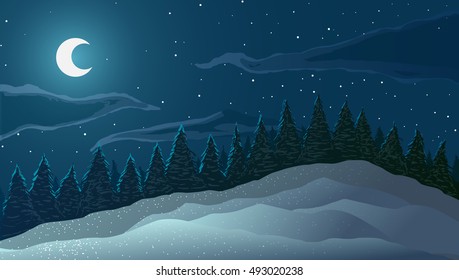 Vector illustration. Night winter landscape. Trees, snowdrifts and moon.