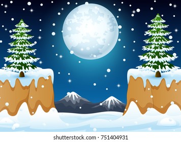 Vector illustration of Night winter landscape with snow hills and mountain