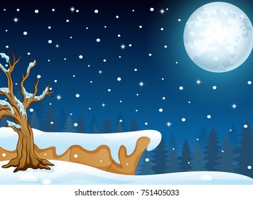 Vector illustration of Night winter landscape with falling snow