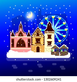 Vector illustration of Night Winter Moonlight city scene with snowfall. Landscape with elements of the Christmas market, stalls with gifts and the Ferris wheel.