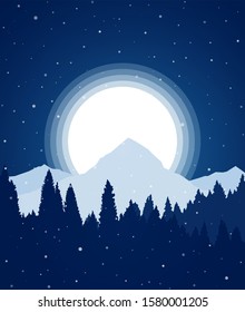 Vector illustration: Night Winter snowy flat Mountains landscape with pine forest, hills and full moon.