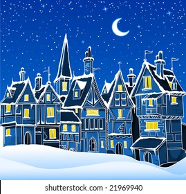 vector illustration of night winter town in snow. Can be used as a background for christmas greeting card