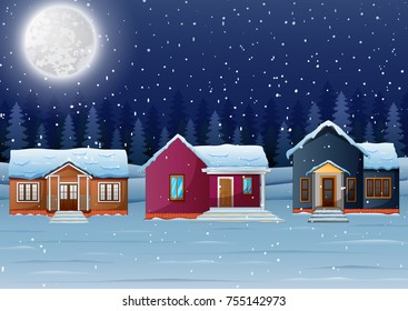 Vector Illustration Of Night Winter Village Landscape With Snow Covered House And Snowfall