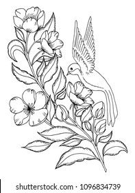 Vector illustration. Nightingale flew on a flowering branch. Coloring book. Anti Stress for adults and children. The work was done manually. Black and white.