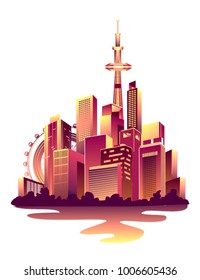 Vector illustration of a nightly abstract glowing city with multi-storyed houses banners on a white background