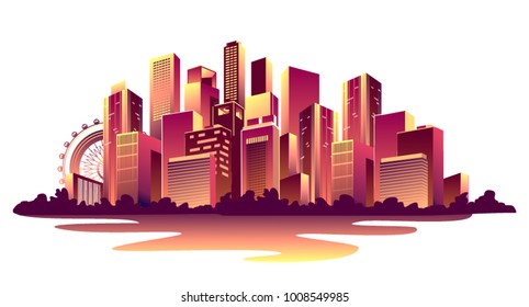 Vector illustration of a nightly abstract glowing city with multi-storyed houses banners on a white background