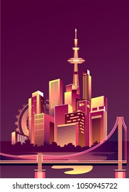 Vector illustration of a nightly abstract glowing city with multi-storey houses of banners