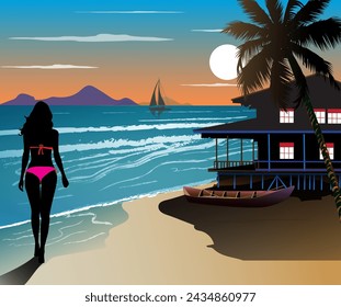 Vector illustration of the nighttime atmosphere of a beach house.