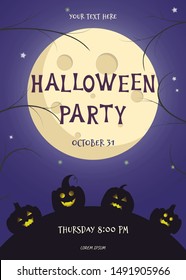 Vector illustration of nighttime Halloween scene. Text Halloween Party on background of full moon. Design for holiday greeting card, banner, poster template.