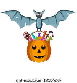 Vector illustration of nighttime Halloween scene, cute bat flying with bucket full of candy. poster or card template.