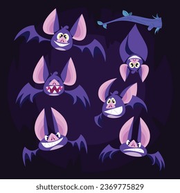 Ilustración vectorial de la escena nocturna de Halloween, linda colección de vuelos de murciélagos. 
