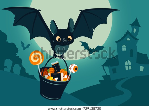 夜のハロウィーンのシーンを描いたベクターイラスト バケツいっぱいのお菓子を持って飛ぶかわいいコウモリ 満月のお化け屋敷 背景に森の墓地 Anner Poster またはカードテンプレート のベクター画像素材 ロイヤリティフリー