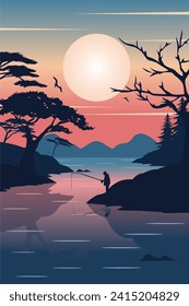 vector illustration of nighttime lake background with silhouettes of islands, mountains, trees, fishermen fishing, perfect for posters etc