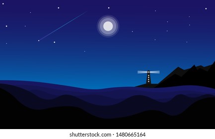 Vector illustration of nighttime natural scenery at sea with a full moon and a sky full of stars,wallpaper dekstop,wallpaper,vector stock background nature,sea at night