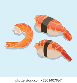 Vector illustration nigiri sushi set on pastel color background. Nigiri, Sushi, Salmon, Tuna, Shrimp, Avocado Japanese Food. Delicious japanese culinary
