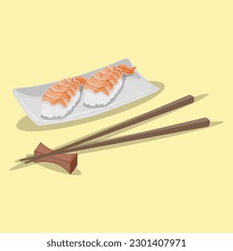 Ilustración vectorial de sushi nigiri sobre fondo de color pastel. Nigiri, Sushi, Salmón, Atún, camarón, aguacate japonés. Deliciosa cocina japonesa