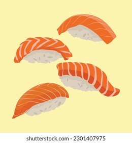 Vector illustration nigiri sushi set on pastel color background. Nigiri, Sushi, Salmon, Tuna, Shrimp, Avocado Japanese Food. Delicious japanese culinary