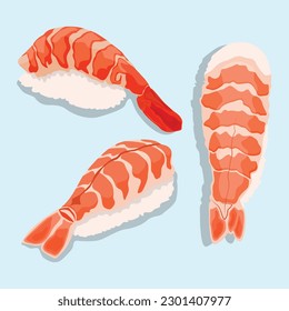 Ilustración vectorial de sushi nigiri sobre fondo de color pastel. Nigiri, Sushi, Salmón, Atún, camarón, aguacate japonés. Deliciosa cocina japonesa
