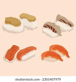 Ilustración vectorial de sushi nigiri sobre fondo de color pastel. Nigiri, Sushi, Salmón, Atún, camarón, aguacate japonés. Deliciosa cocina japonesa