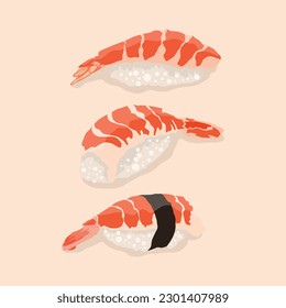 Vektorgrafik-Nigiri-Sushi auf pastellfarbenem Hintergrund. Nigiri, Sushi, Lachs, Thunfisch, Shrimp, Avocado Japan Food. köstliche japanische Küche
