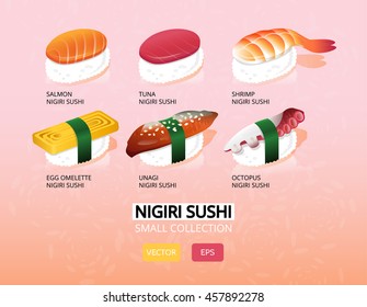 Vector illustration of a nigiri sushi set. Japanese food. Sushi variations icon collection. Menu cover background.