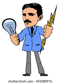 Vector illustration. Nikola Tesla. 

Nikola Tesla is keeping a light bulb and lightning in the hands