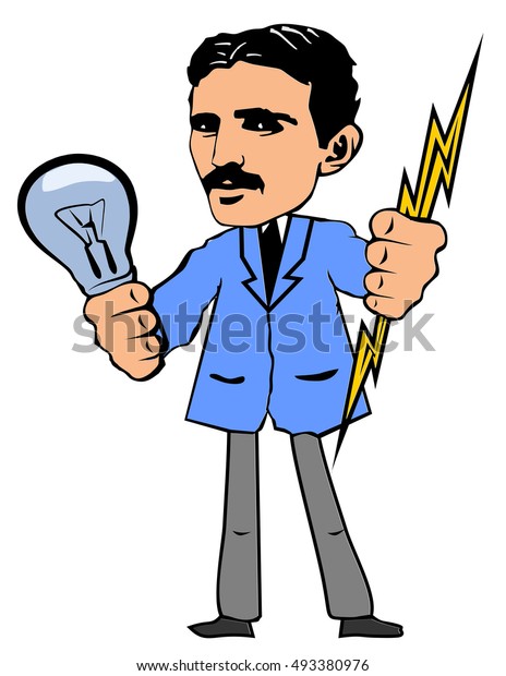 Vector illustration. Nikola Tesla. 

Nikola Tesla is keeping a light bulb and lightning in the hands