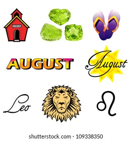Vector Illustration of nine August Icons including birthstones, holidays and zodiac symbols.