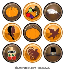 Vector Illustration of nine brown and orange round Thanksgiving button icons.