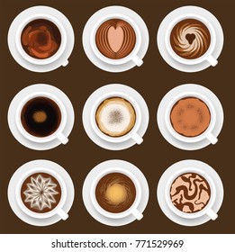 Vector illustration of nine coffee cups
