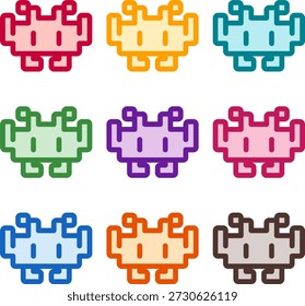 Ilustração vetorial de nove monstros alienígenas coloridos, renderizados em um estilo duotônico limpo com contornos ousados