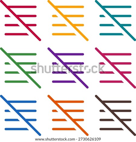 Vector illustration of nine colorful align slash, rendered in a clean duotone style with bold outlines