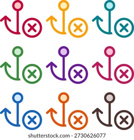 Vector illustration of nine colorful anchor circle xmark, rendered in a clean duotone style with bold outlines
