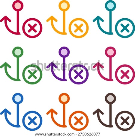 Vector illustration of nine colorful anchor circle xmark, rendered in a clean duotone style with bold outlines
