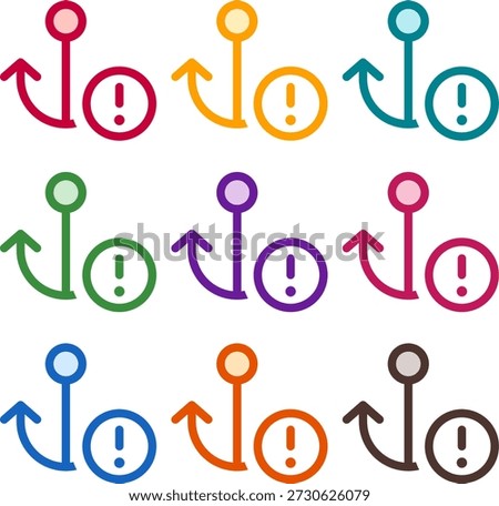 Vector illustration of nine colorful anchor circle exclamation, rendered in a clean duotone style with bold outlines