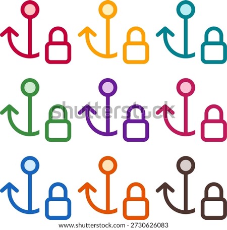Vector illustration of nine colorful anchor lock, rendered in a clean duotone style with bold outlines