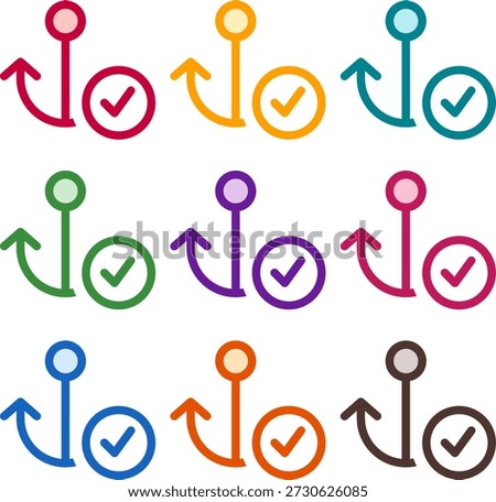 Vector illustration of nine colorful anchor circle check, rendered in a clean duotone style with bold outlines