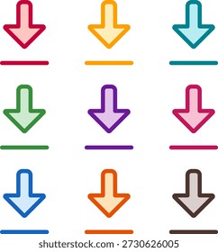 Ilustración vectorial de nueve flechas de colores alt to bottom, renderizado en un estilo de duotono limpio con contornos en negrita