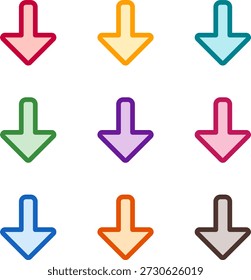 Ilustración vectorial de nueve flechas de colores alt down, renderizado en un estilo de duotono limpio con contornos en negrita