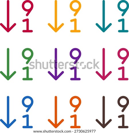 Vector illustration of nine colorful arrow down 9 1, rendered in a clean duotone style with bold outlines