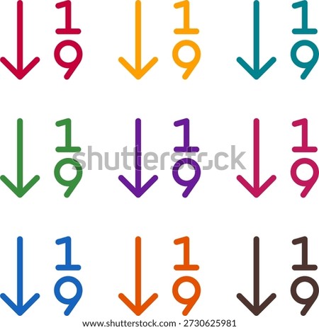 Vector illustration of nine colorful arrow down 1 9, rendered in a clean duotone style with bold outlines