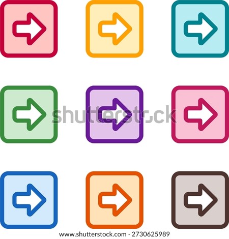 Vector illustration of nine colorful arrow alt square right, rendered in a clean duotone style with bold outlines