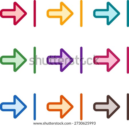 Vector illustration of nine colorful arrow alt to right, rendered in a clean duotone style with bold outlines