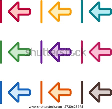 Vector illustration of nine colorful arrow alt to left, rendered in a clean duotone style with bold outlines
