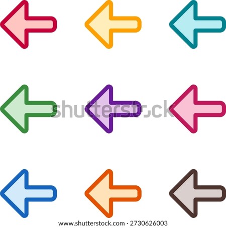 Vector illustration of nine colorful arrow alt left, rendered in a clean duotone style with bold outlines